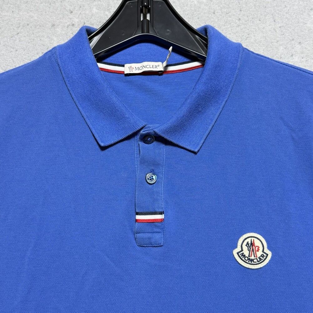 Moncler Polo Shirt Blue Cotton Pique Logo Patch Tricolor Size Men’s XL